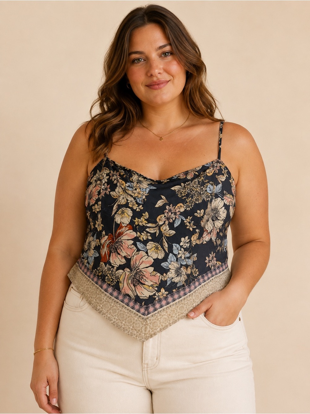 Sienna Sky Black Floral Handkerchief Cami with Neutral Trim